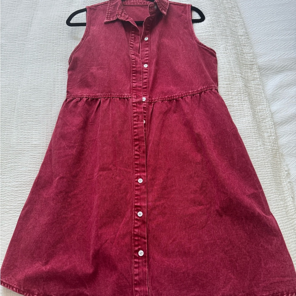 Sleeveless Red Button-Down Denim Dress